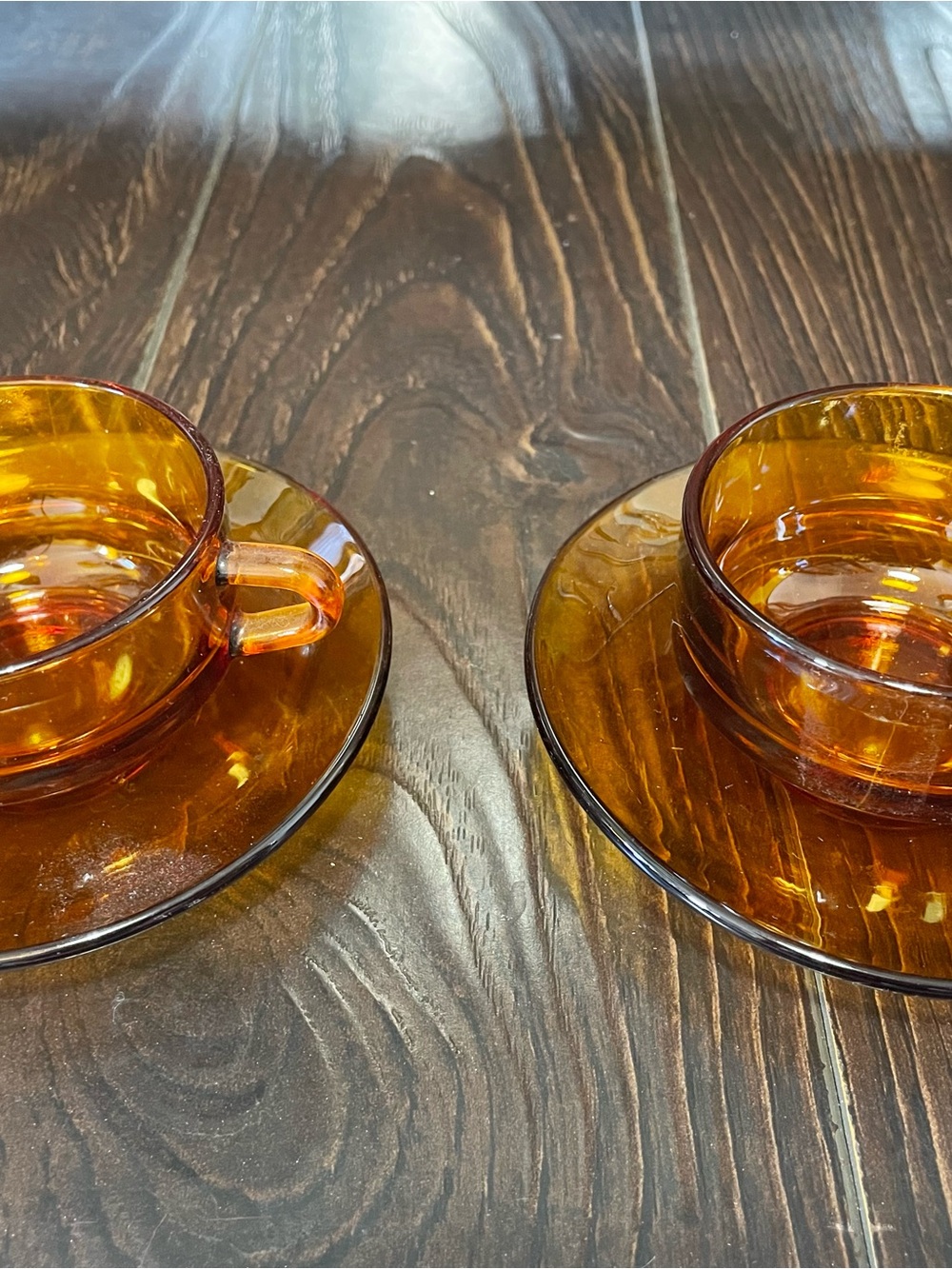 Amber Glass Tea Cup and Saucer Set - Pair - Duralex (Made in France)